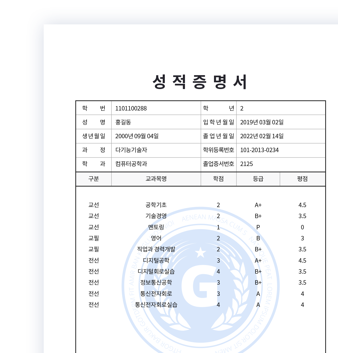 교육기관-폼예제-성적증명서